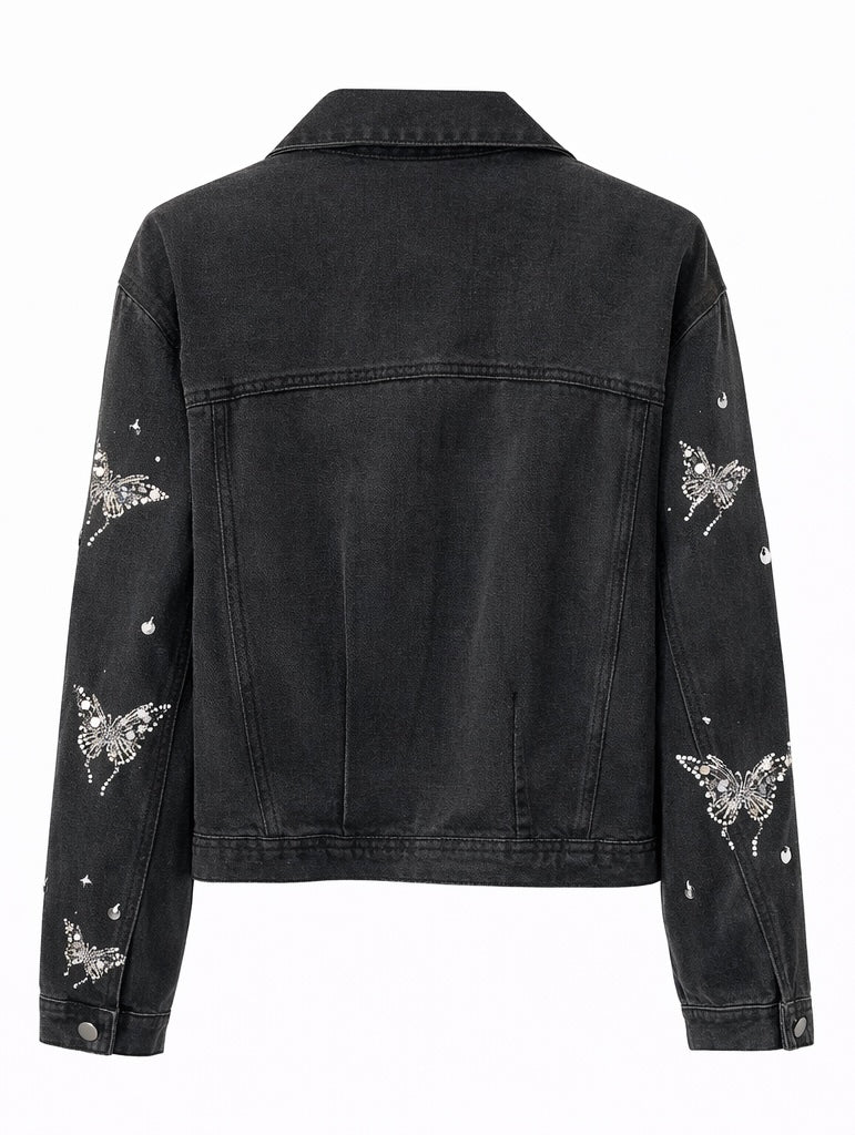 Embroidered sequins butterfly Dark Grey Jeans Jacket