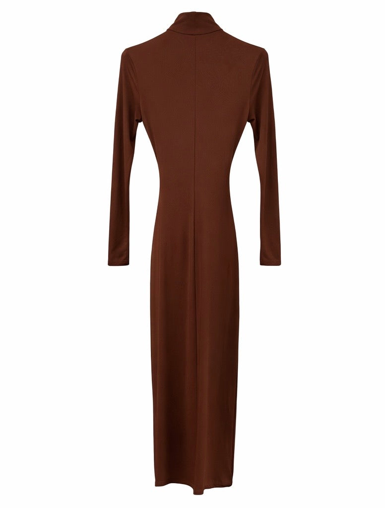 Chocolate Brown Draped Knot Detail Maxi Dress