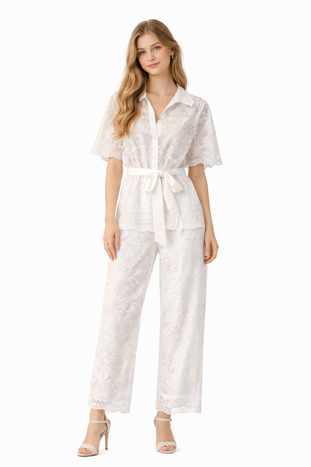 Chic White Lace Shirt and Trousers Set
