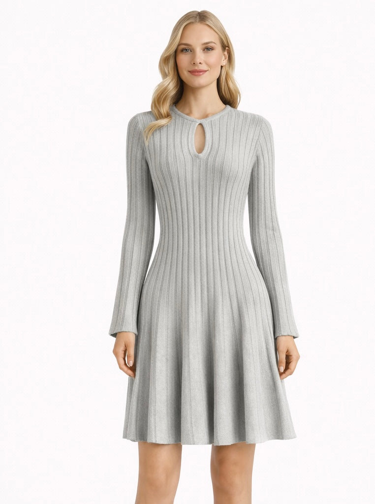 Ribbed Knit Keyhole Fit & Flare Dress Light Grey