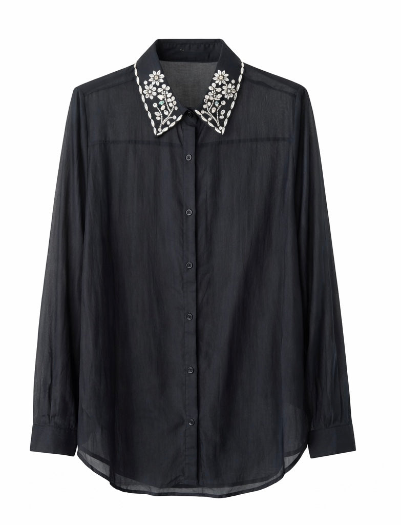 Crystal Detail Collar Sheer Blouse - Yellow pastel - Black
