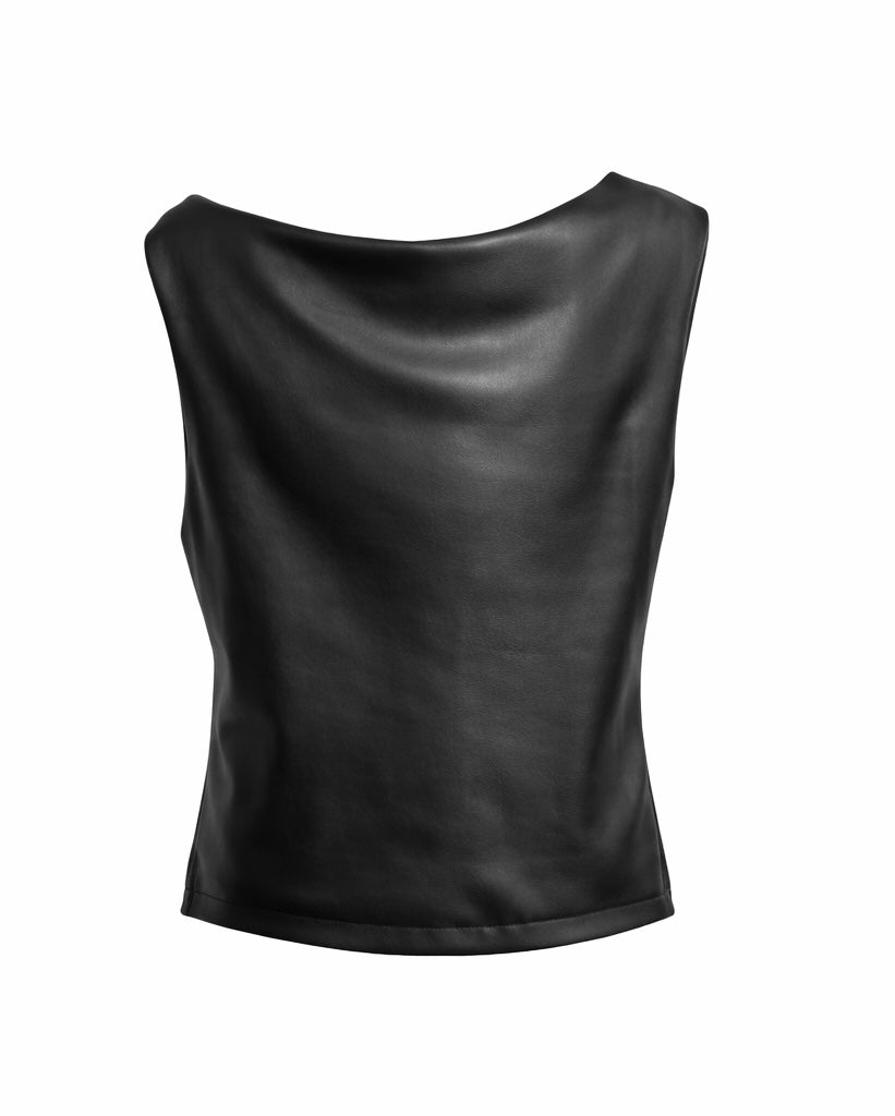 Asymmetric Cowl Neck Faux Leather Top – Black