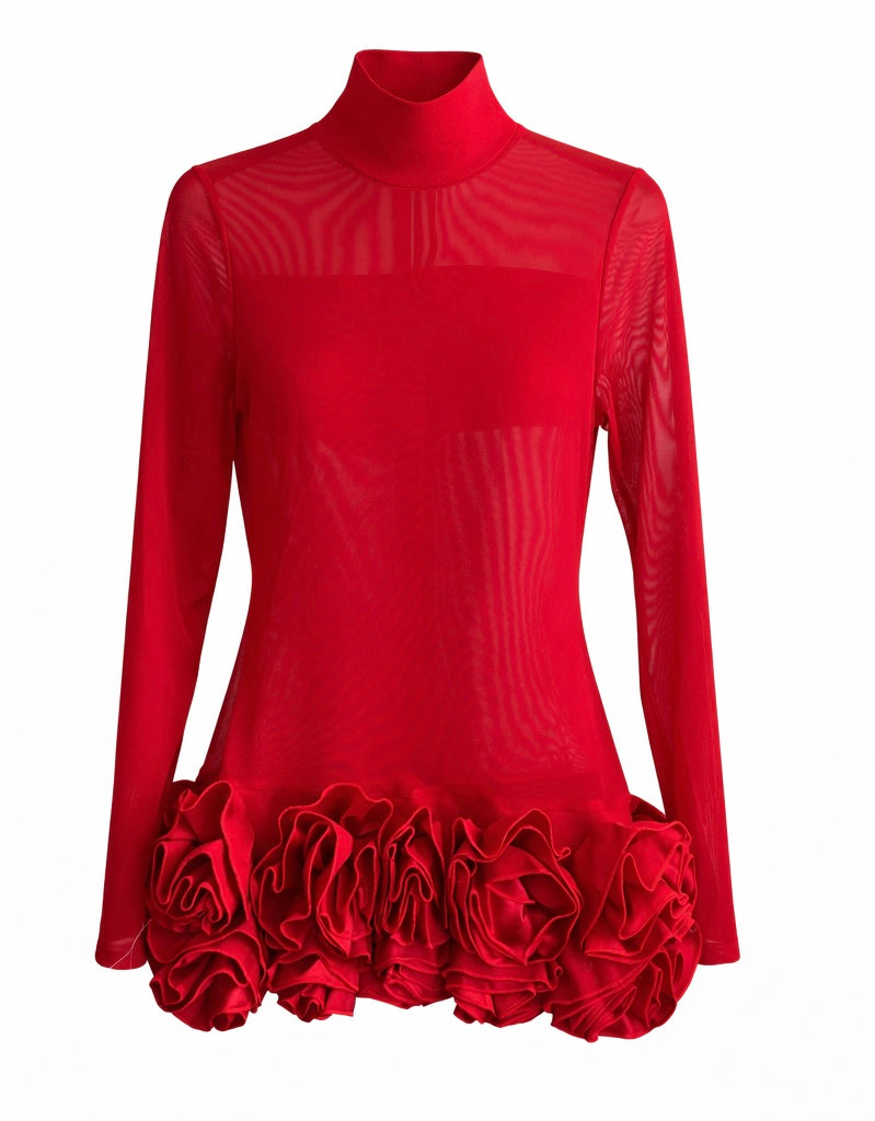 Red Sheer High-Neck Ruffle Mini Dress