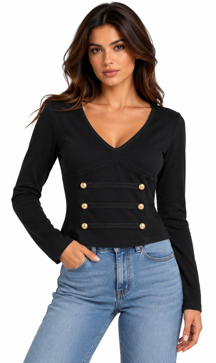 Gold Button Detail V-Neck Top ( White , Olive , Black )