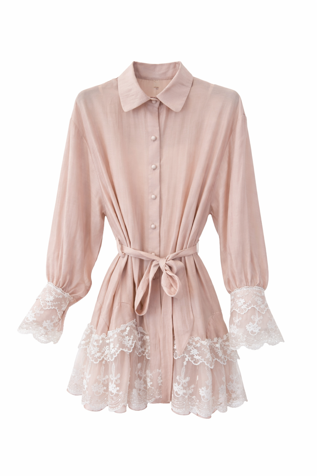 Lace Trim Belted Mini Dress - Light pink , Butter yellow , White