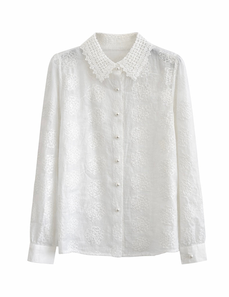 Vintage Style White Lace Collar Button Blouse