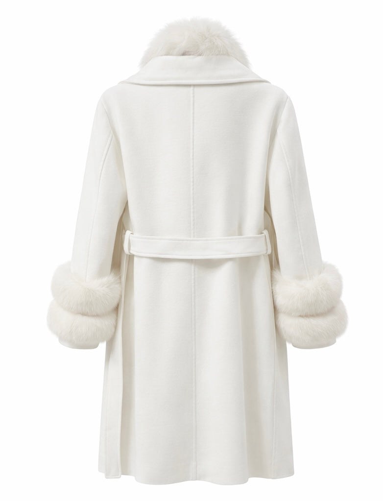 Cloud Dancer White Cashmere Coat with Real Fox Fur
