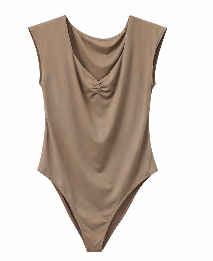 Elegant Draped Neck Bodysuit - Beige , Moccha brown
