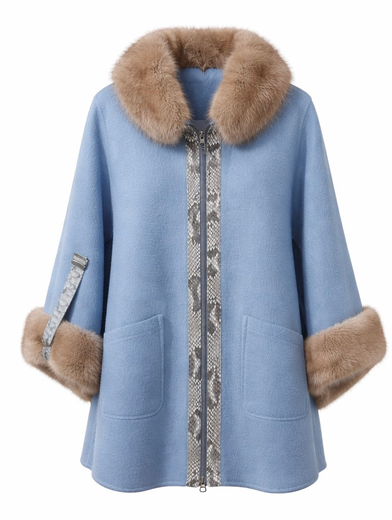 Ice Blue Alpaca Coat with Python Detail & Real Mink Fur
