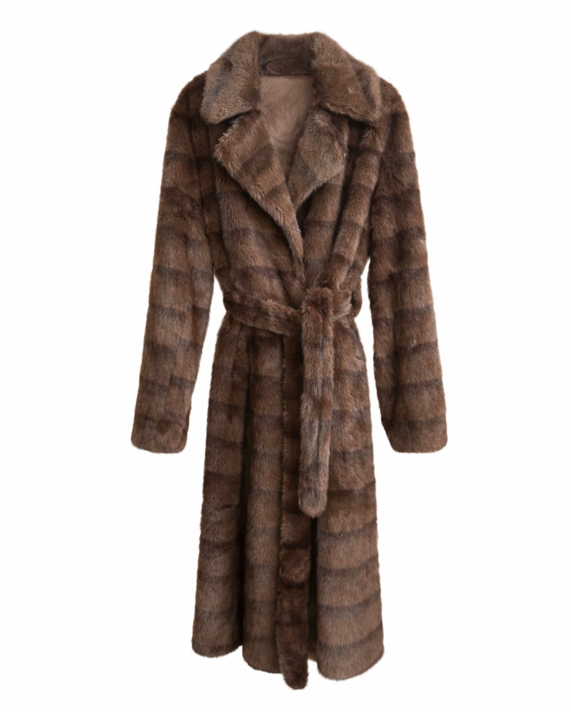 Belted Long Faux Fur Coat in Rich Brown