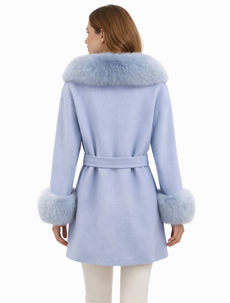 Belted Alpaca Wool Coat with Real Fox Fur Collar & Cuffs – Ice Blue