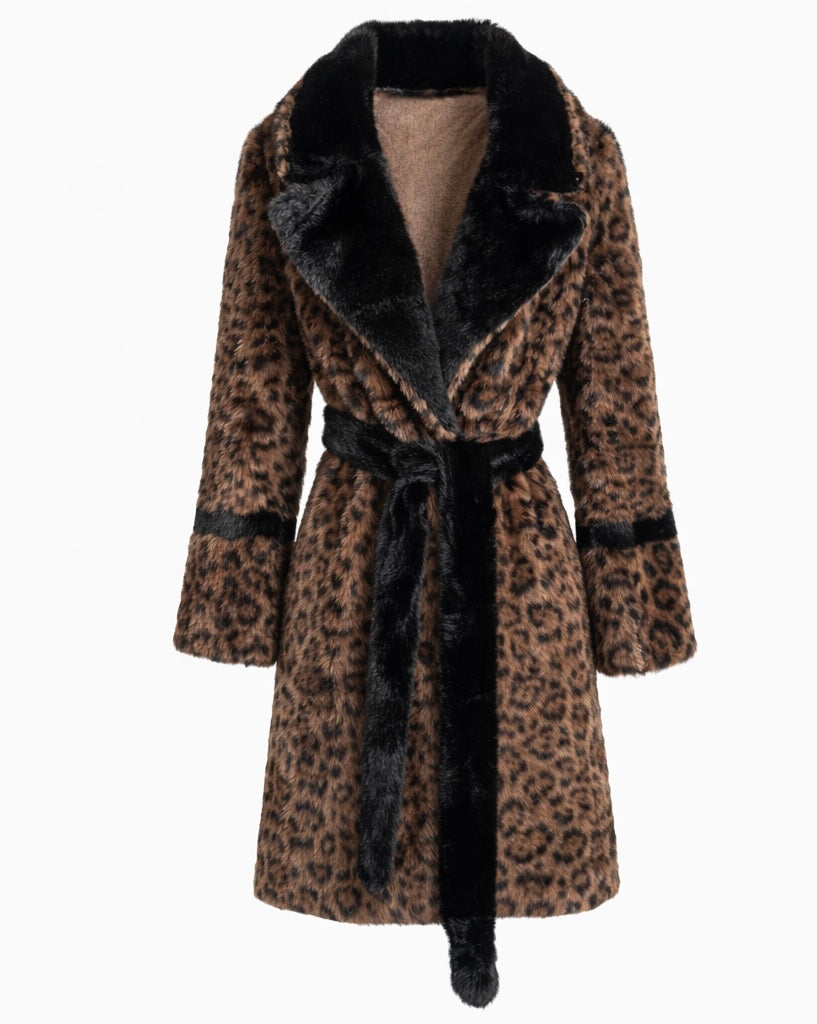 Leopard Print Belted Eco Fur Coat