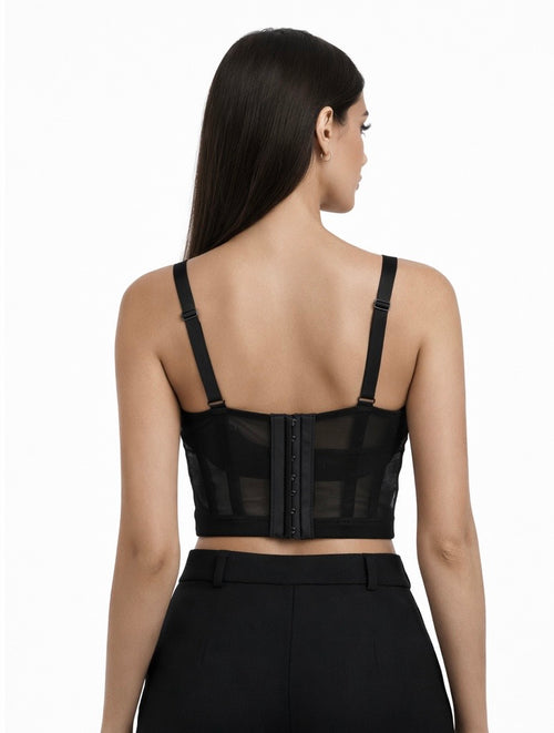 Black Pearl Bow Crop Corset Top with Removable Pearl Chain