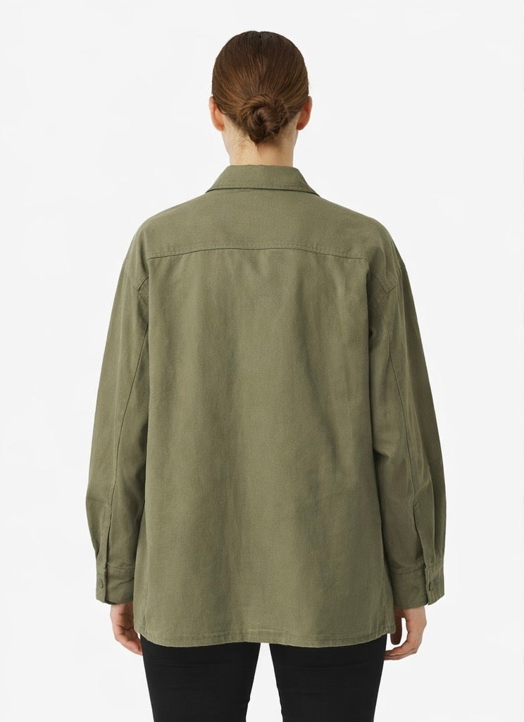 Embellished Utility Shirt Jacket - khaki , Beige