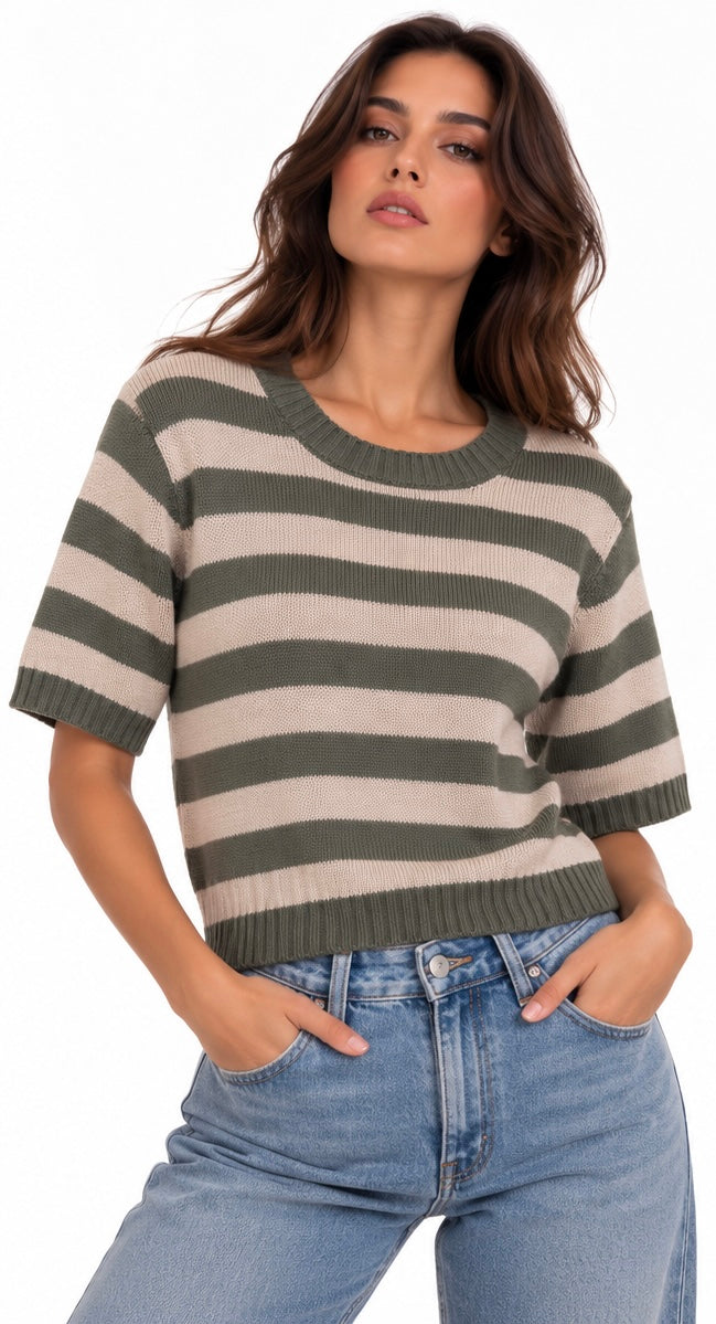 Striped Knit Top ( Olive , Navy , Beige , Burgundy )