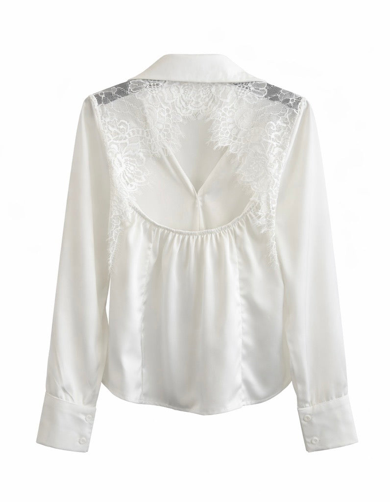 Satin Long Sleeve Lace Blouse - Black,white