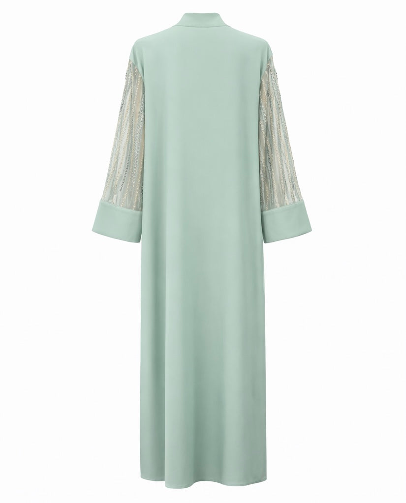 Luxury Mint Abaya with Beaded Sheer Sleeves