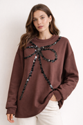 Statement Bow Sequin Sweatshirt - Chocolate Brown