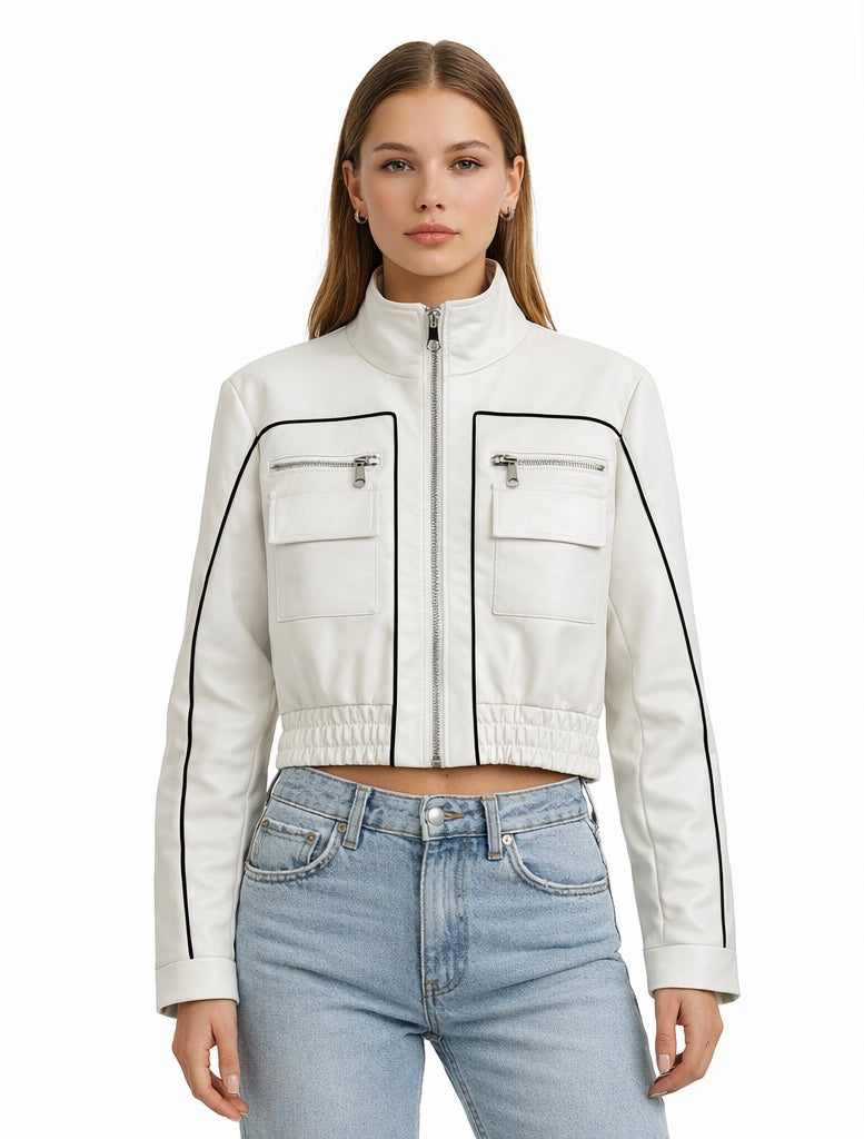 Structured Black Leather Jacket with Contrast Piping