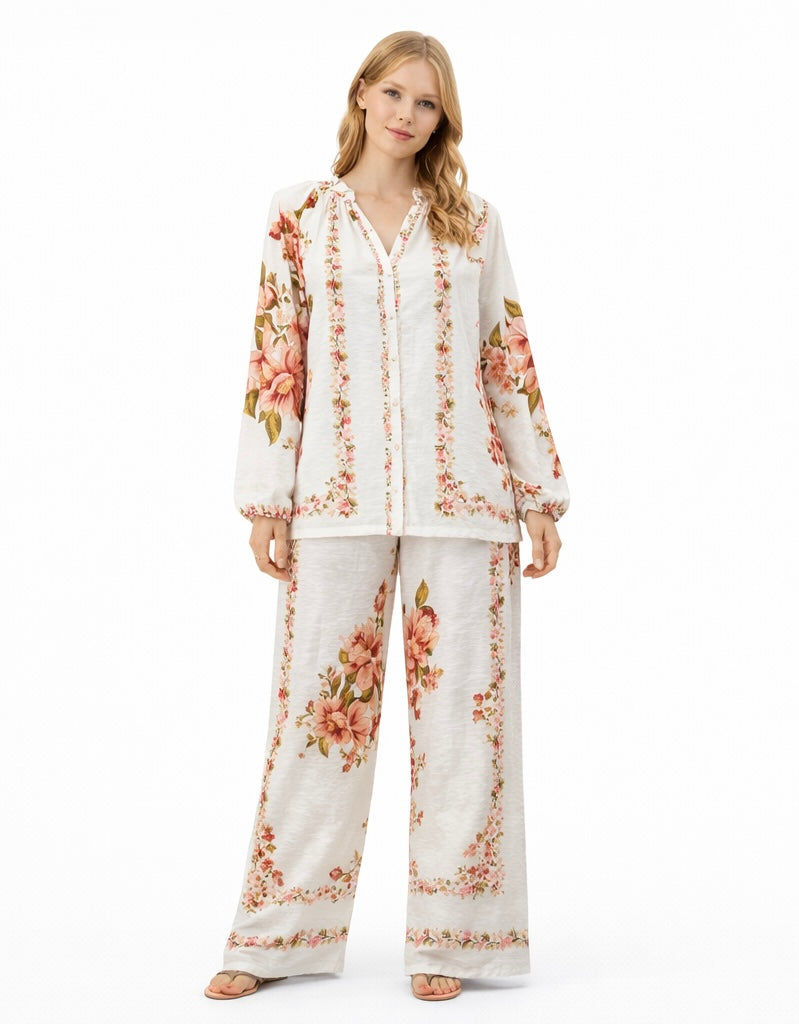 Floral Wide-Leg Pants & Blouse Set - Pistachio , White , Black