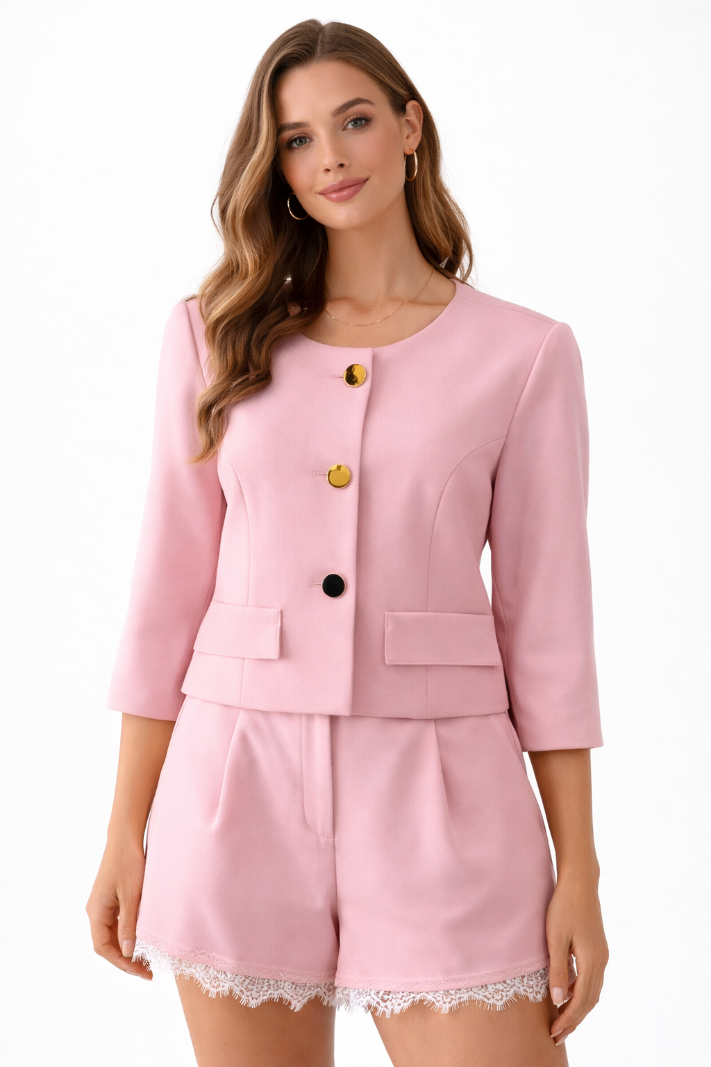 Chic  Tailored Jacket & Lace Trim Shorts Set - Pink , White