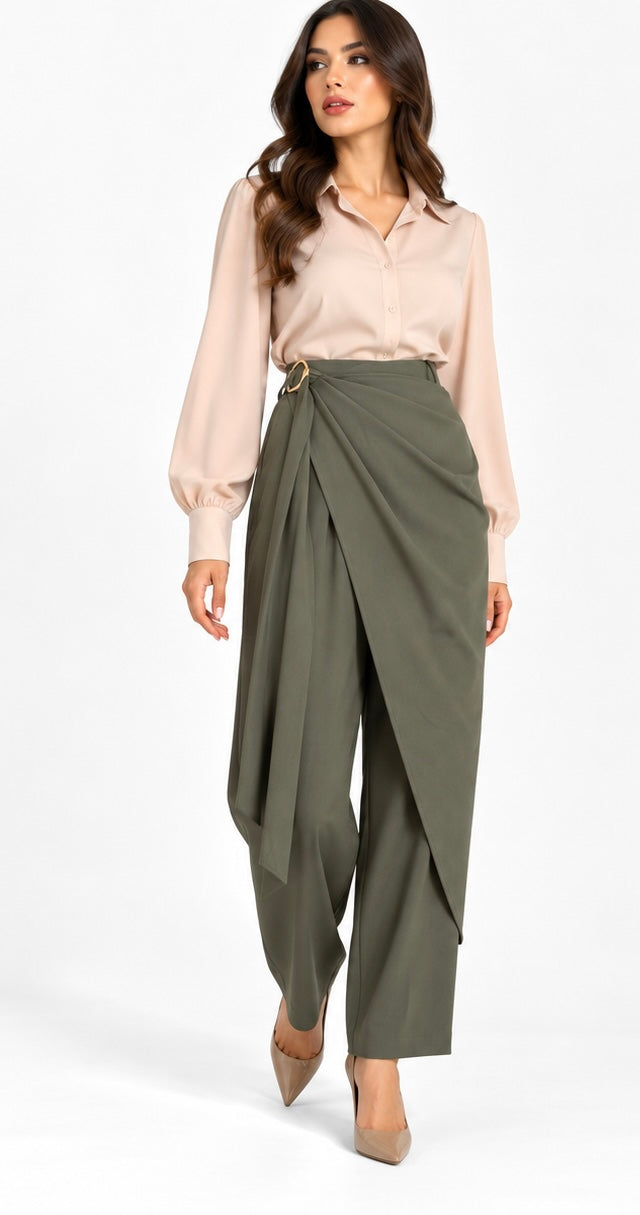 Draped Wrap Tailored Pants (Brown,Olive,Black,Beige)