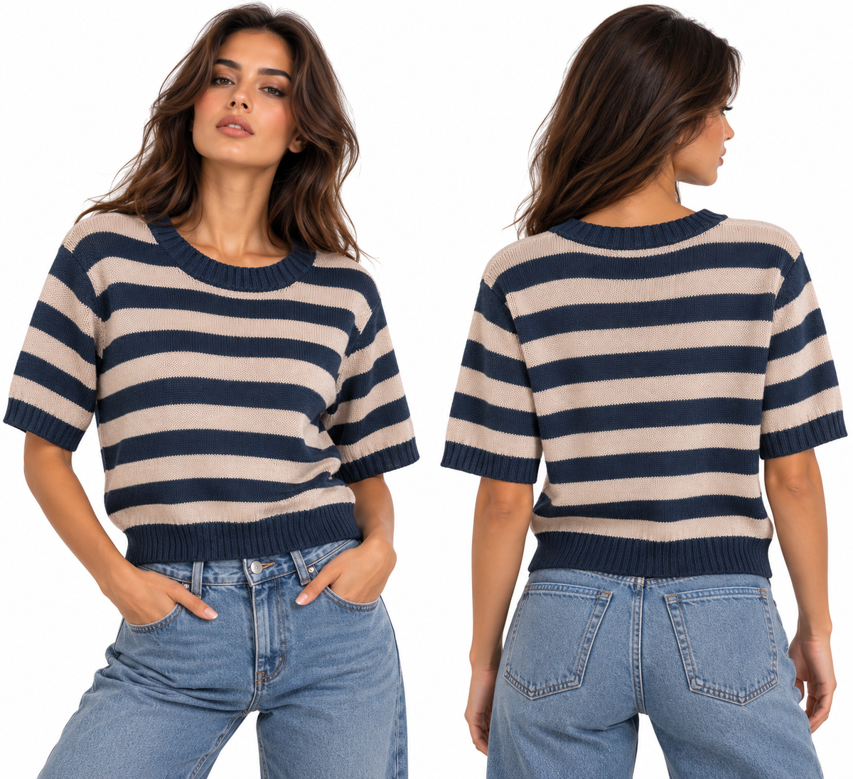 Striped Knit Top ( Olive , Navy , Beige , Burgundy )