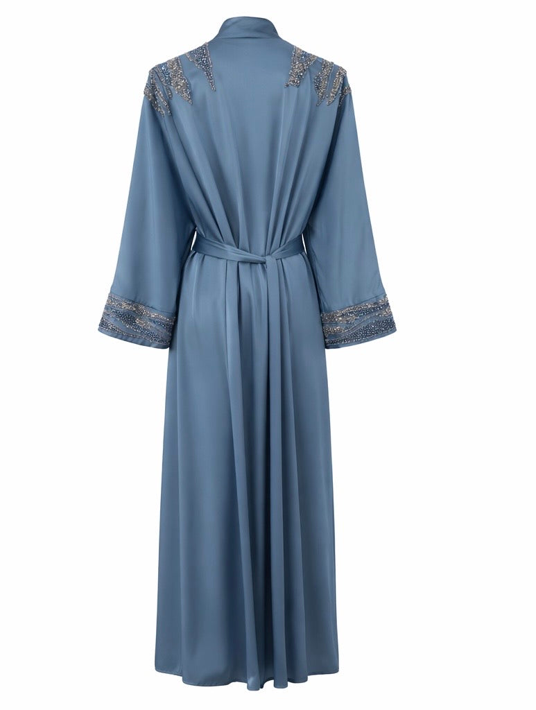 Embroidered Satin Open Abaya with Matching Waist Belt – Dusty Blue