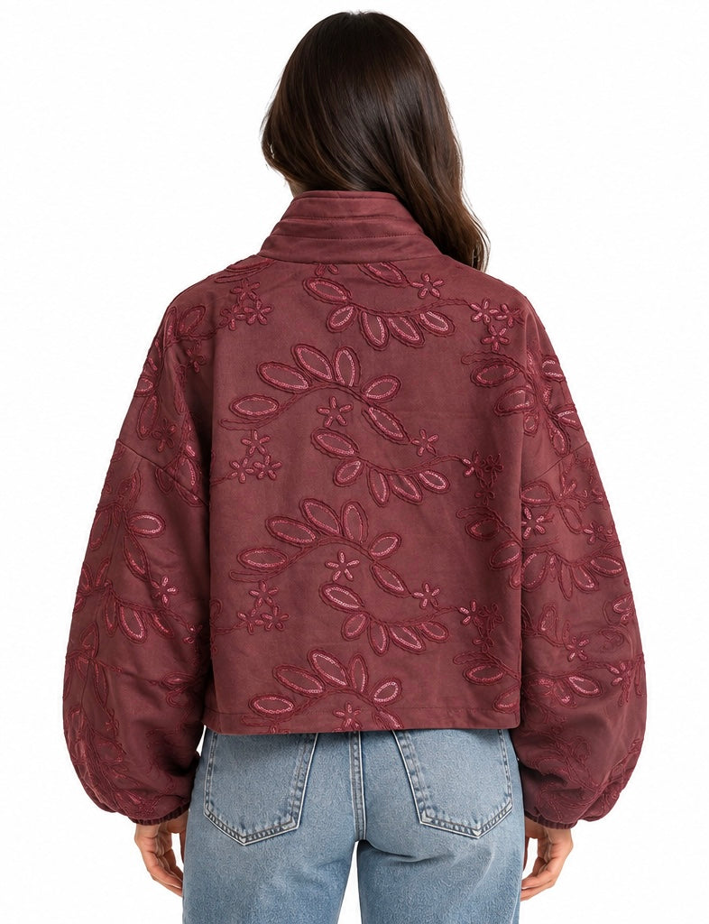 Embroidered Suede Floral Bomber Jacket  ( Brown , Burgundy , Beige )