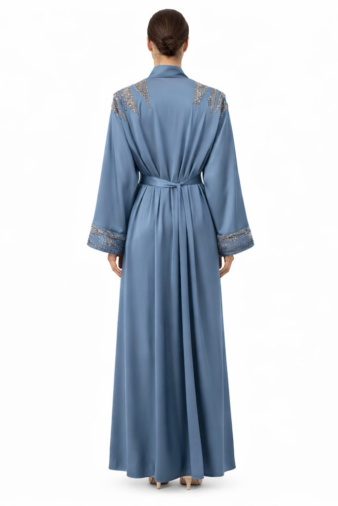 Embroidered Satin Open Abaya with Matching Waist Belt – Dusty Blue