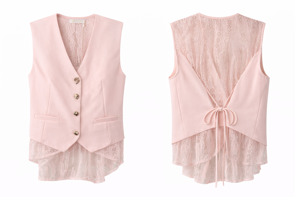 Tailored Vest & Wide-Leg Pants Set  - Blush Pink , White