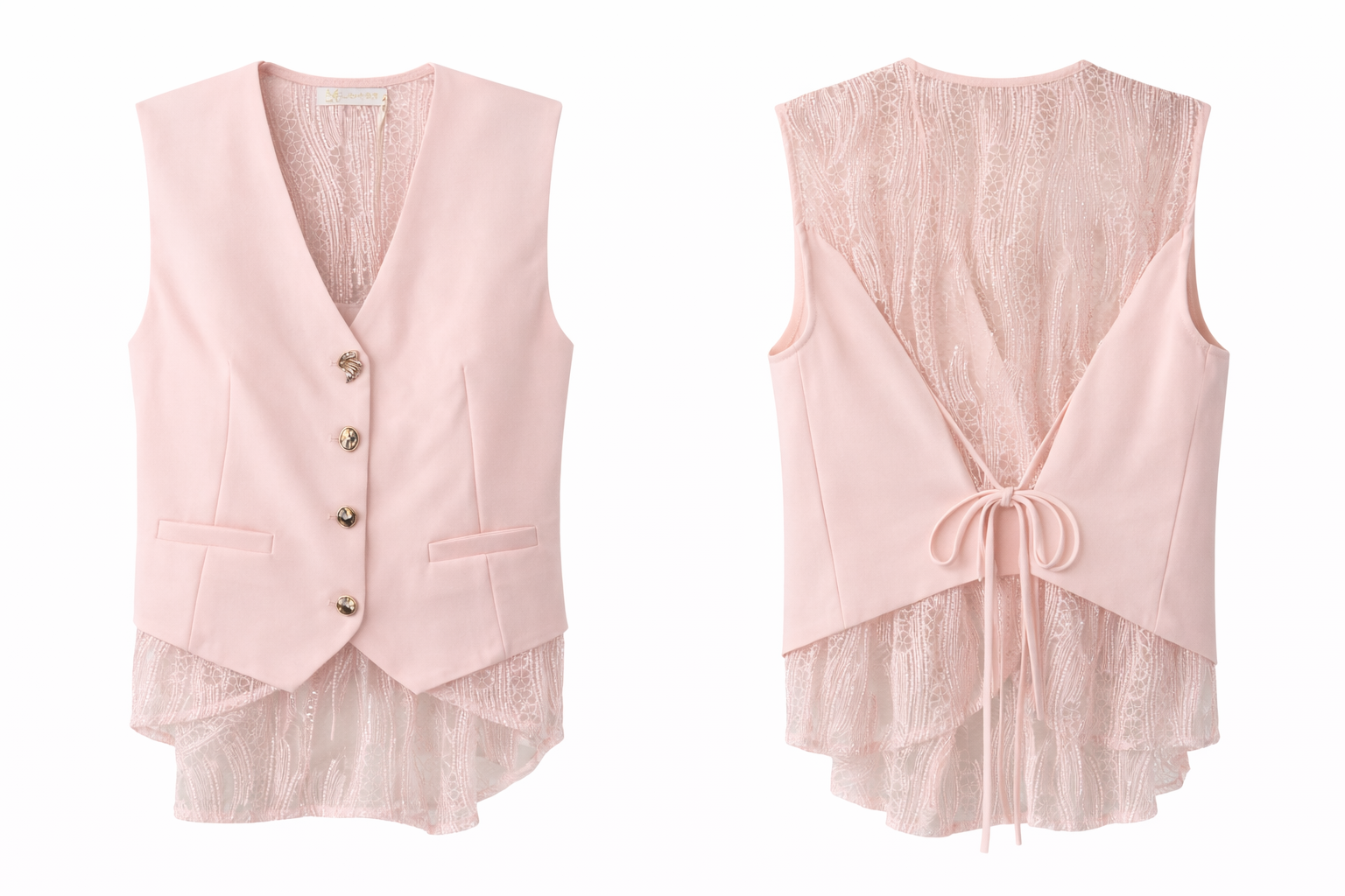 Tailored Vest & Wide-Leg Pants Set  - Blush Pink , White