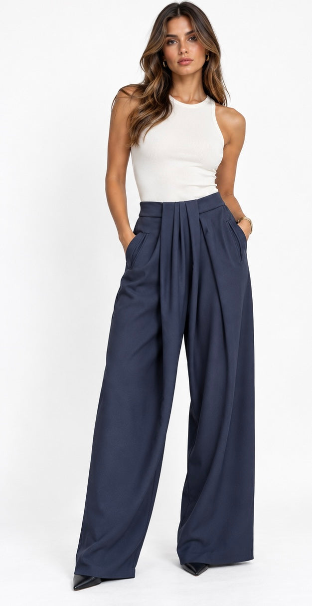 Wide-Leg Pleated Tailored Pants ( Navy , Black , Brown )