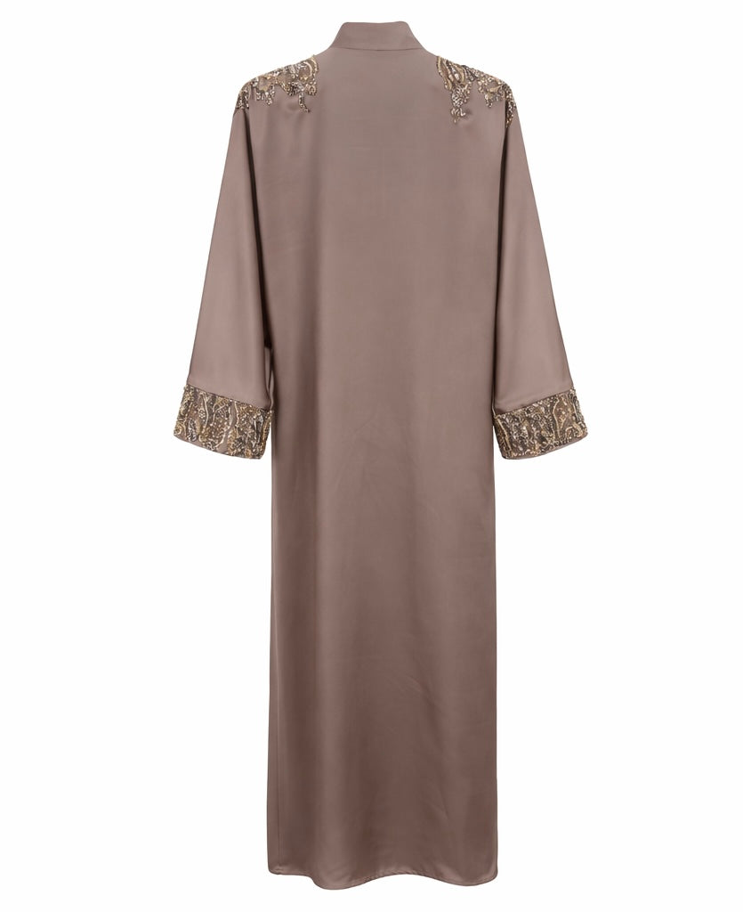 Taupe Satin Abaya with Hand Embellishment
