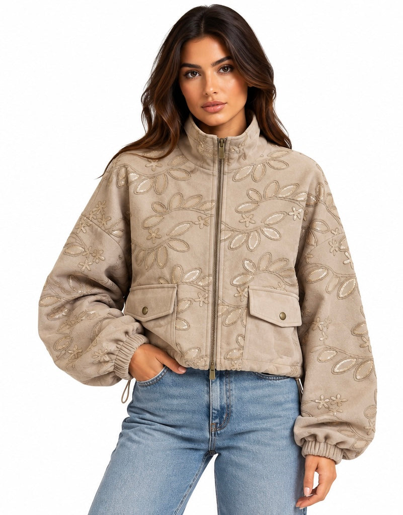 Embroidered Suede Floral Bomber Jacket  ( Brown , Burgundy , Beige )