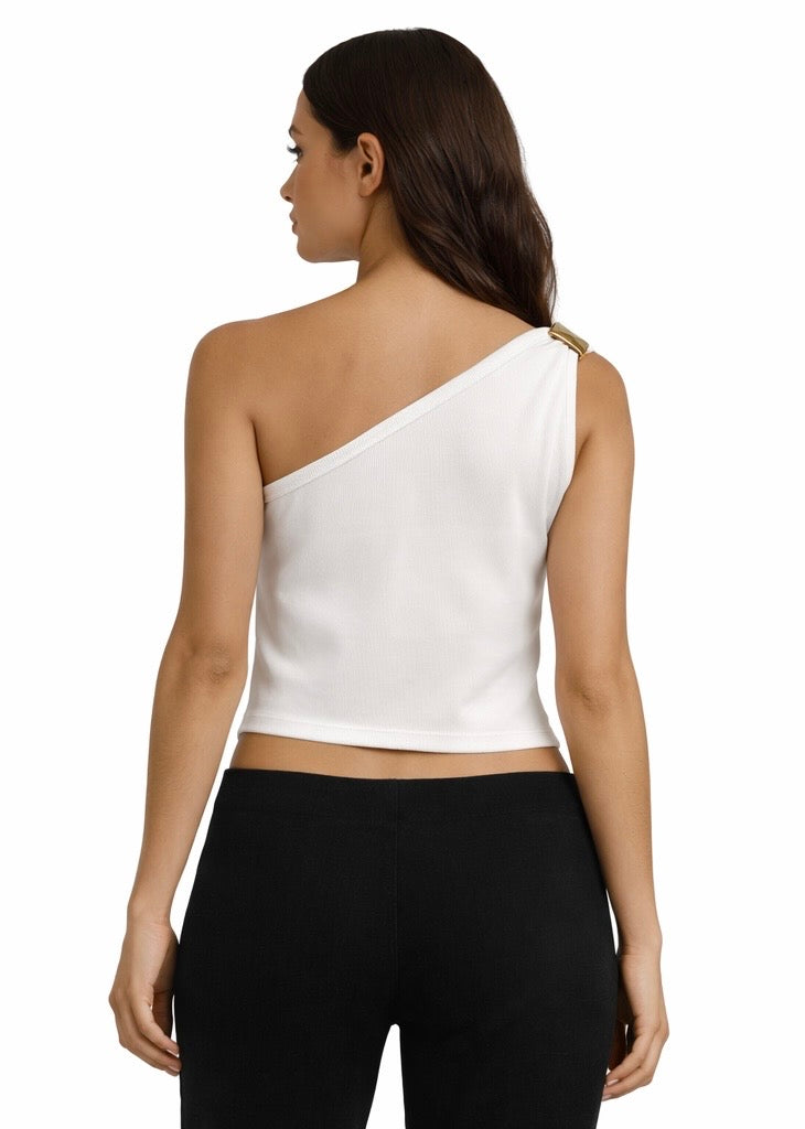 Chic One-Shoulder Crop Top - White , Black , Beige