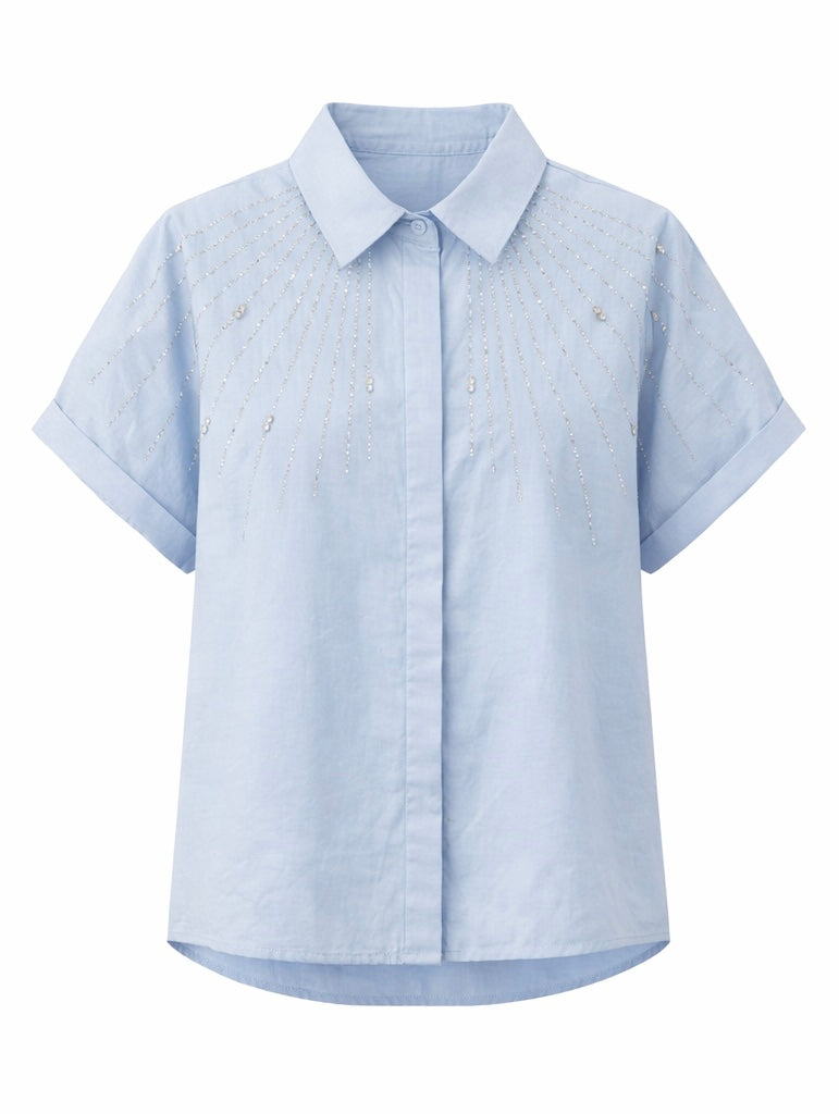 Embellished Short Sleeve Blouse - White , Baby Blue