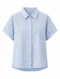 Embellished Short Sleeve Blouse - White , Baby Blue