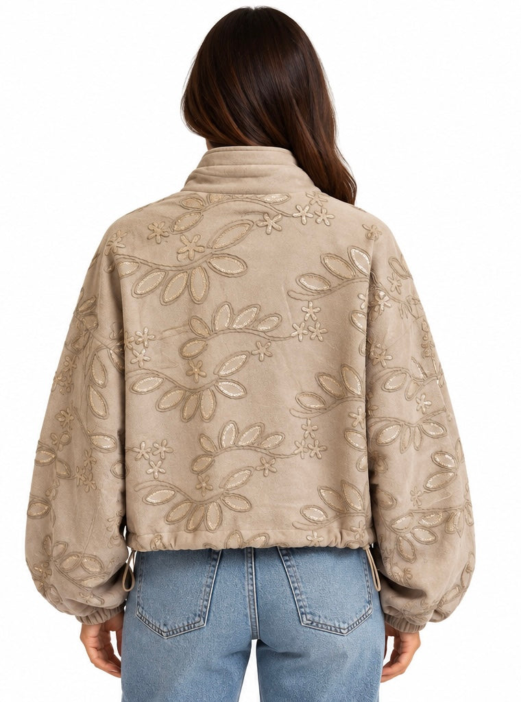 Embroidered Suede Floral Bomber Jacket  ( Brown , Burgundy , Beige )