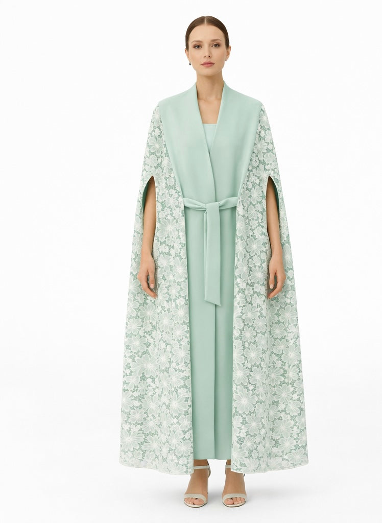 Mint Green Floral Lace Panel Kimono Cape