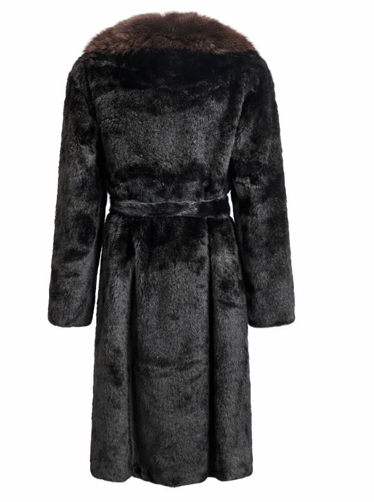 Long Eco Fur Coat with Plush Hood & Belt