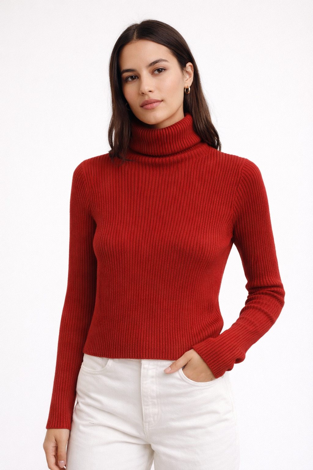 Ribbed Cropped Turtleneck Sweater Burgundy