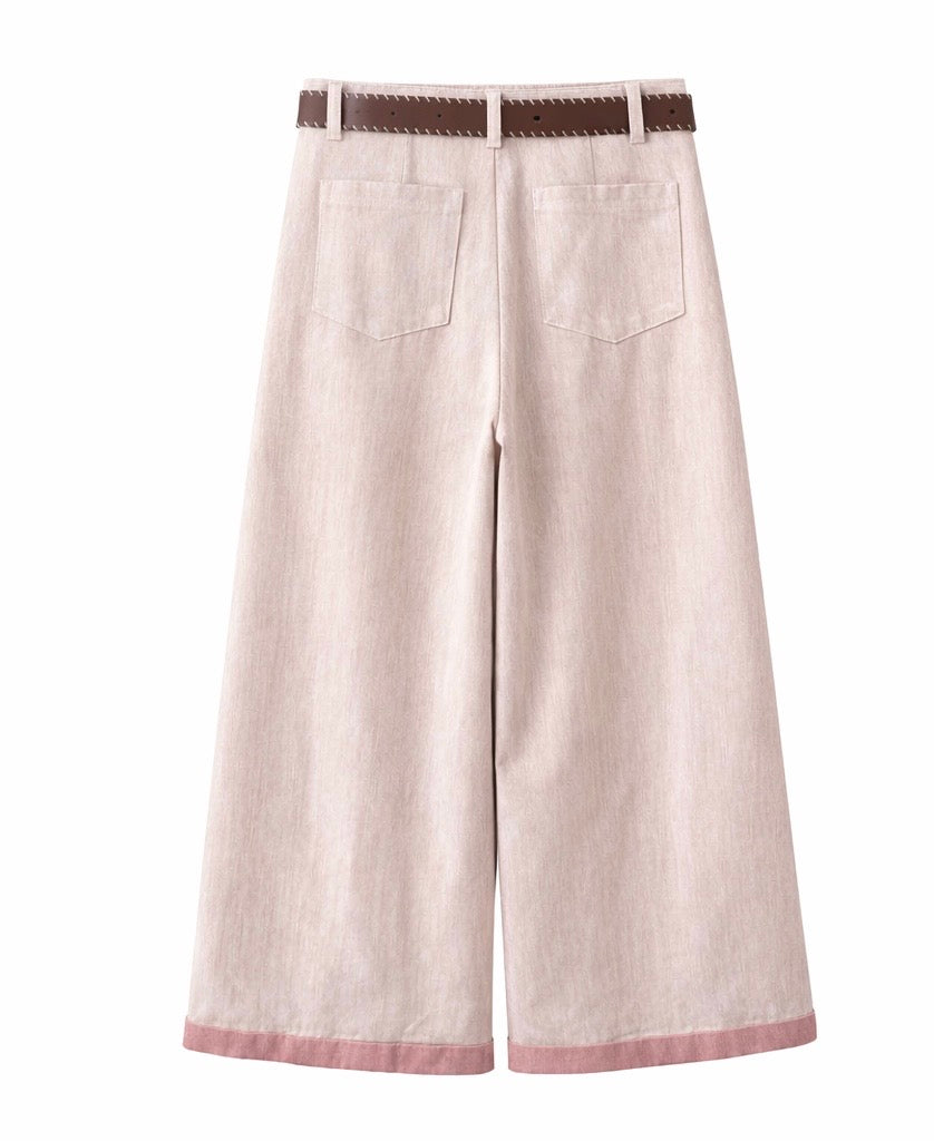 Wide-Leg Trousers with Belt - Butter yellow , pink , light blue