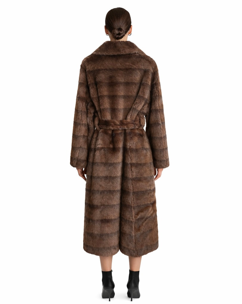Belted Long Faux Fur Coat in Rich Brown