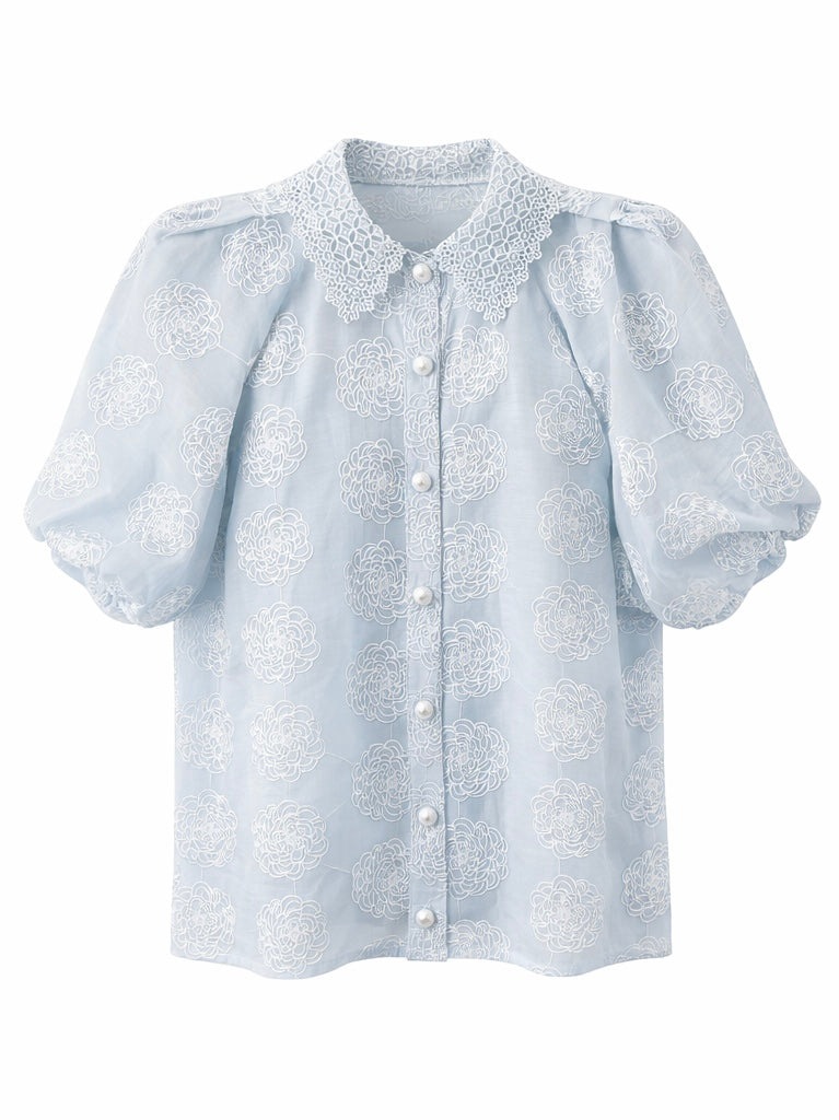 Embroidered Lace Collar Blouse - Pink , Sky blue