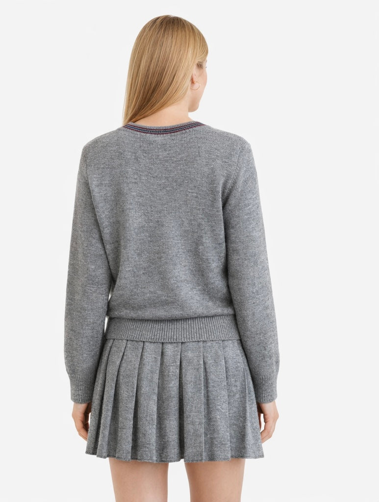 Classic Grey Knit Cardigan & Pleated Skirt Two-Piece Set
