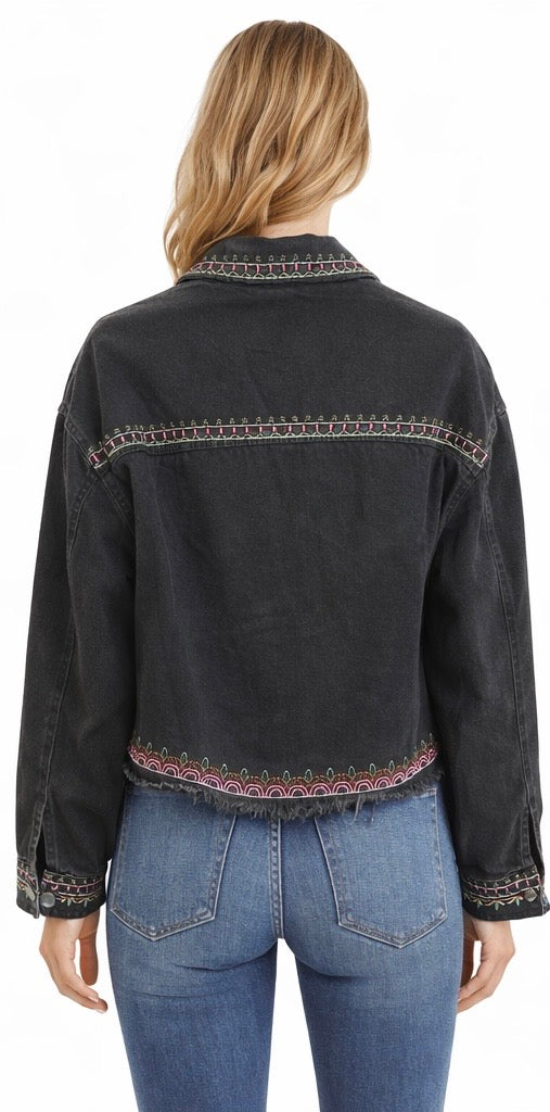 Embroidered Oversized Black Denim Jacket