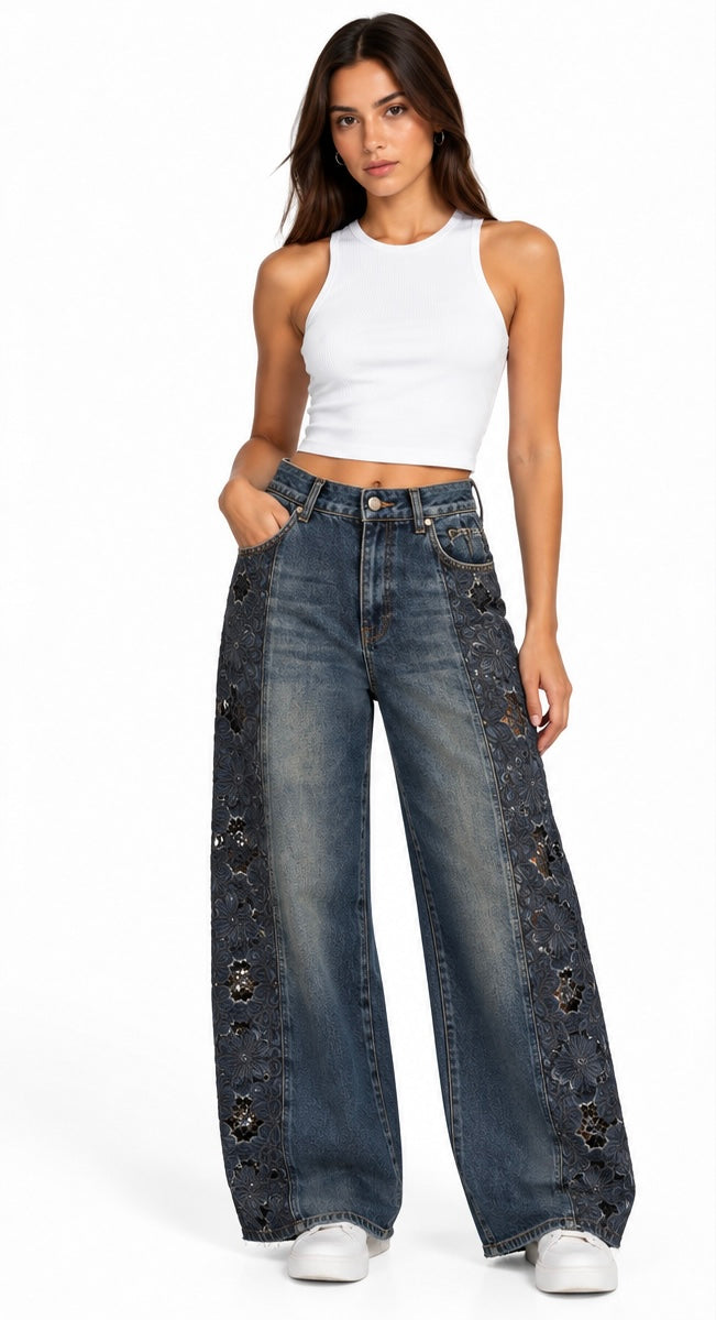 Lace Panel Wide-Leg Jeans