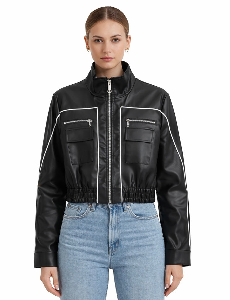Structured Black Leather Jacket with Contrast Piping