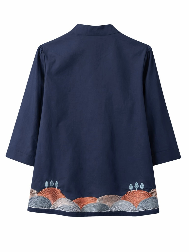 Flamingo Embroidery  Top - Navy , White